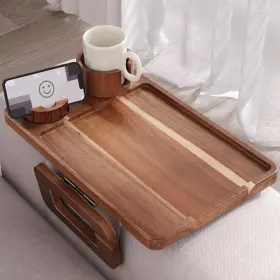 Danfoxer 641320876700 3 In 1 Acacia Wood Couch Arm Tray With Cup Holder And Phone Holder